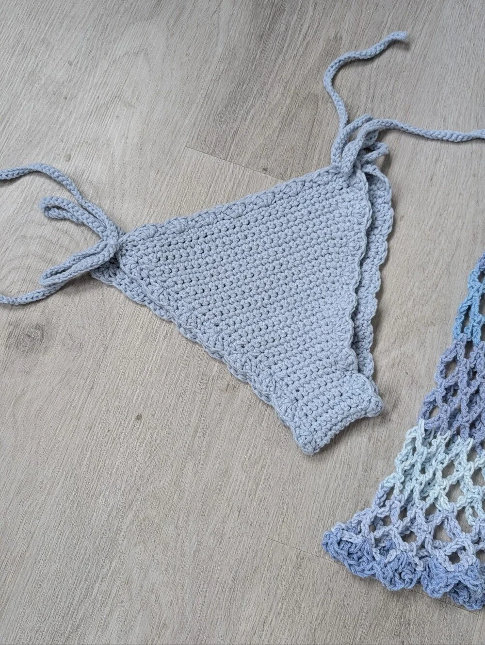 Handmade Boho Festival Crochet Blue Ombré 3-piece Swim Cover Up Set S-M - Picture 6 of 8